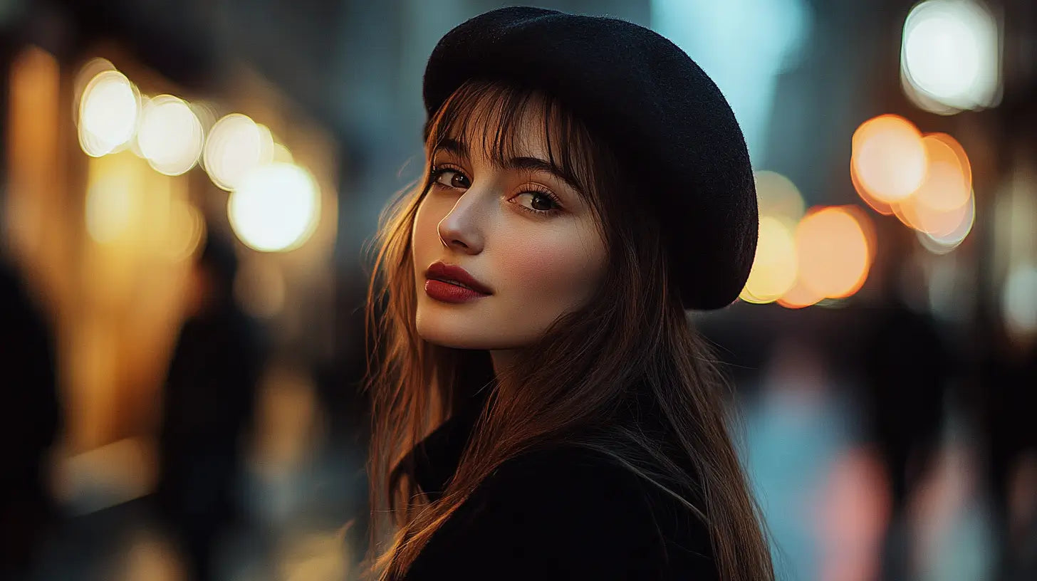 Chic woman confidently wearing a timeless wool beret on a softly illuminated city street, highlighting contemporary fashion.