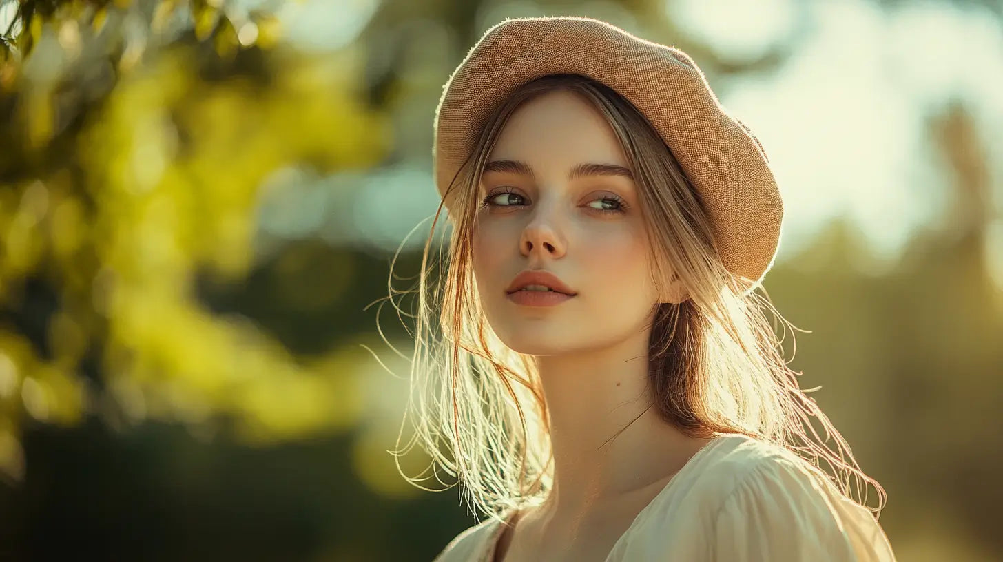 Stylish individual wearing a lightweight summer beret, enjoying a sunny, elegant outdoor setting.