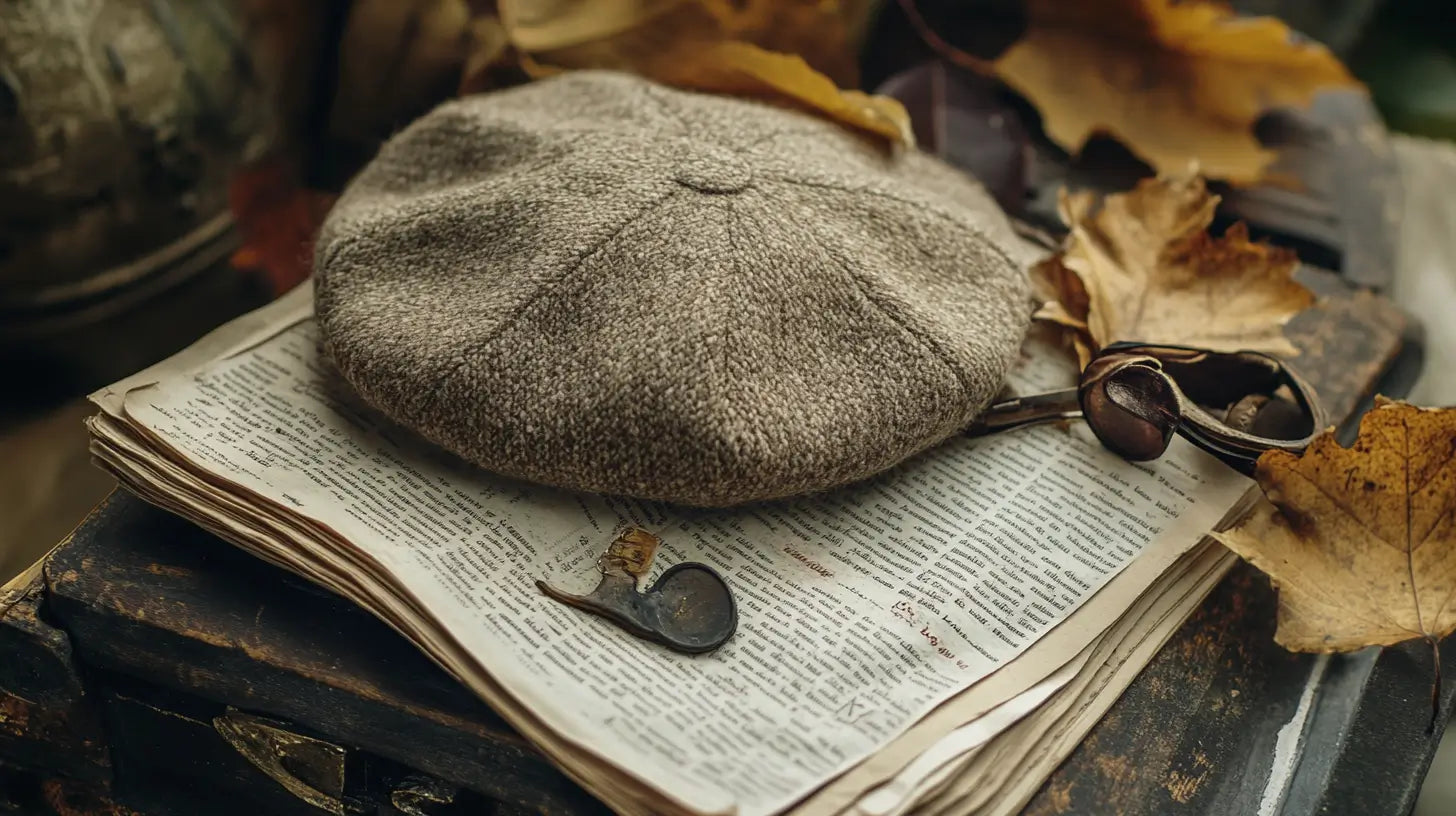 Elegant wool beret arranged with vintage French newspaper and subtle artistic accessories, highlighting French cultural heritage.