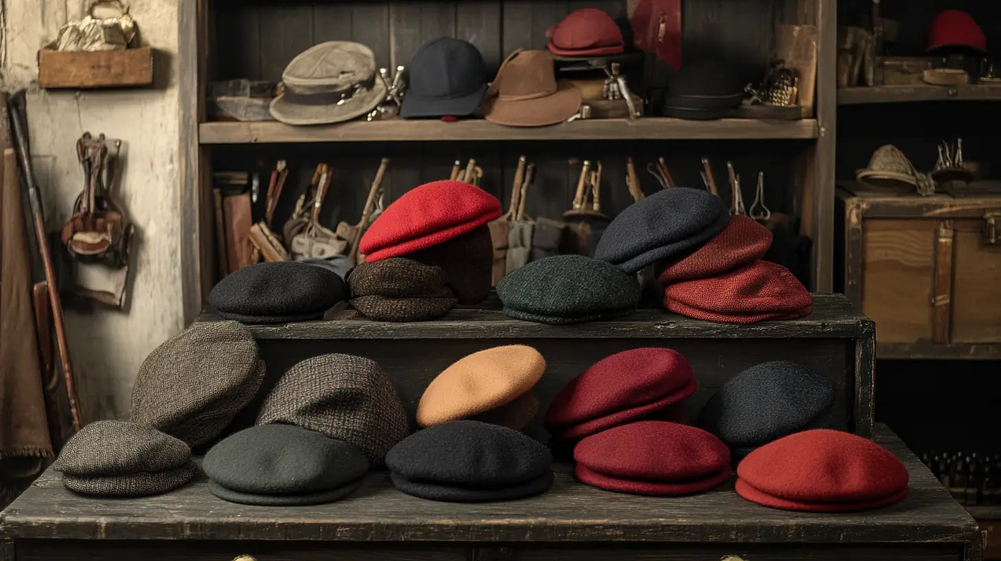 Classic wool berets arranged with artistic and historical props, emphasizing their symbolic meaning and timeless elegance.