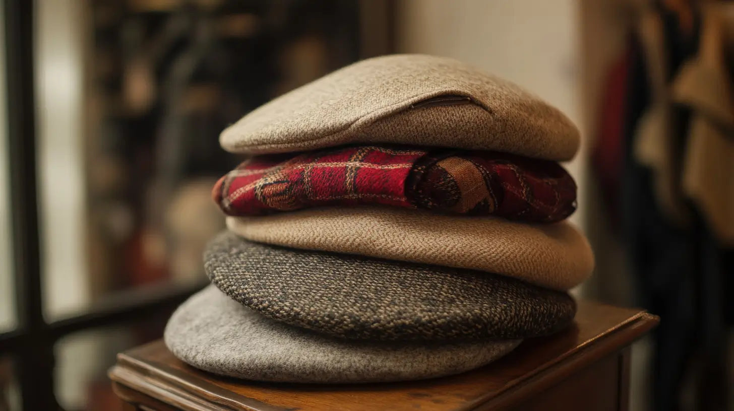 Traditional Basque wool beret tastefully arranged with cultural accessories, highlighting timeless craftsmanship and elegance.