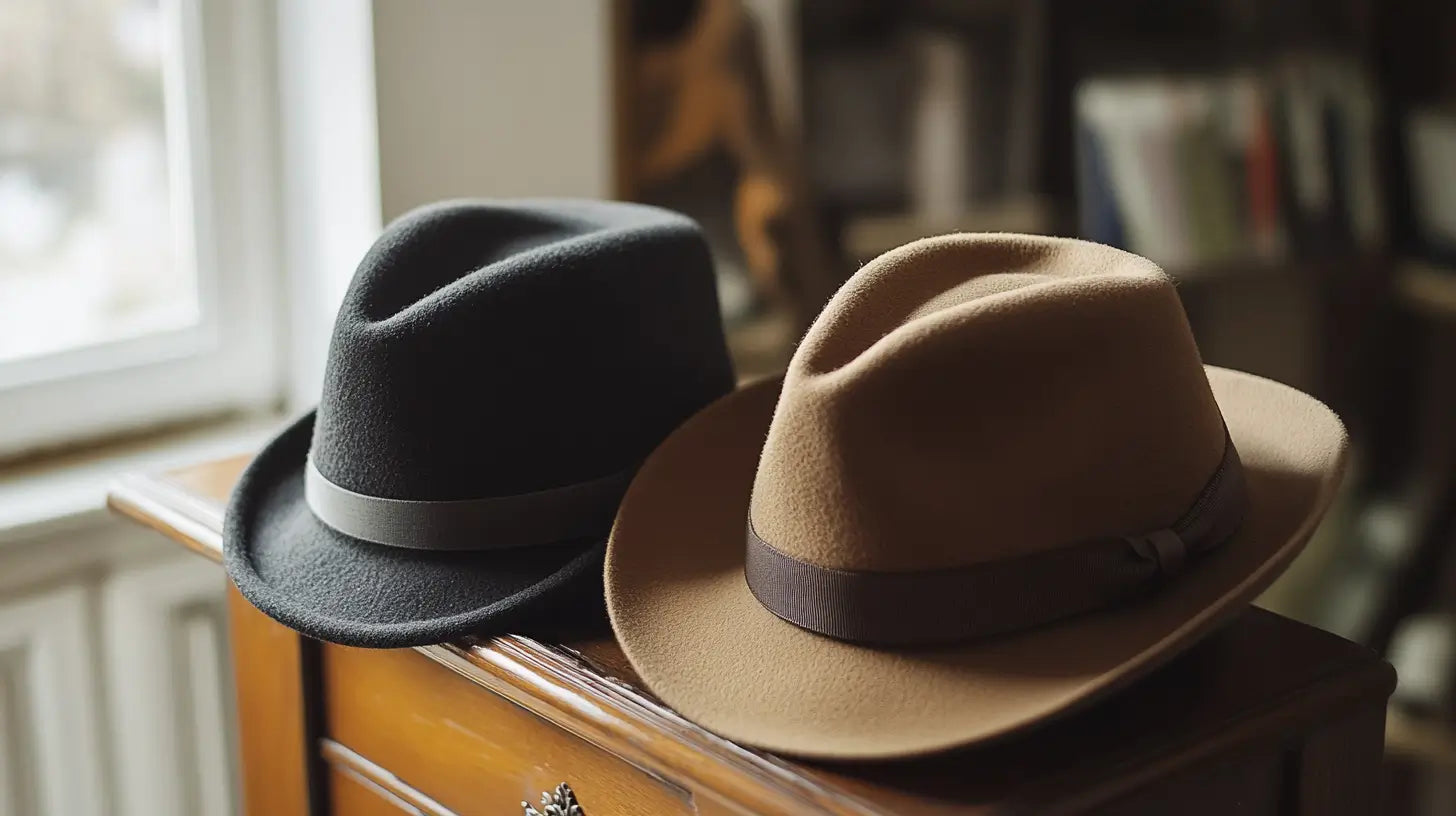 Classic beret and stylish fedora arranged elegantly, highlighting timeless fashion and quality craftsmanship.