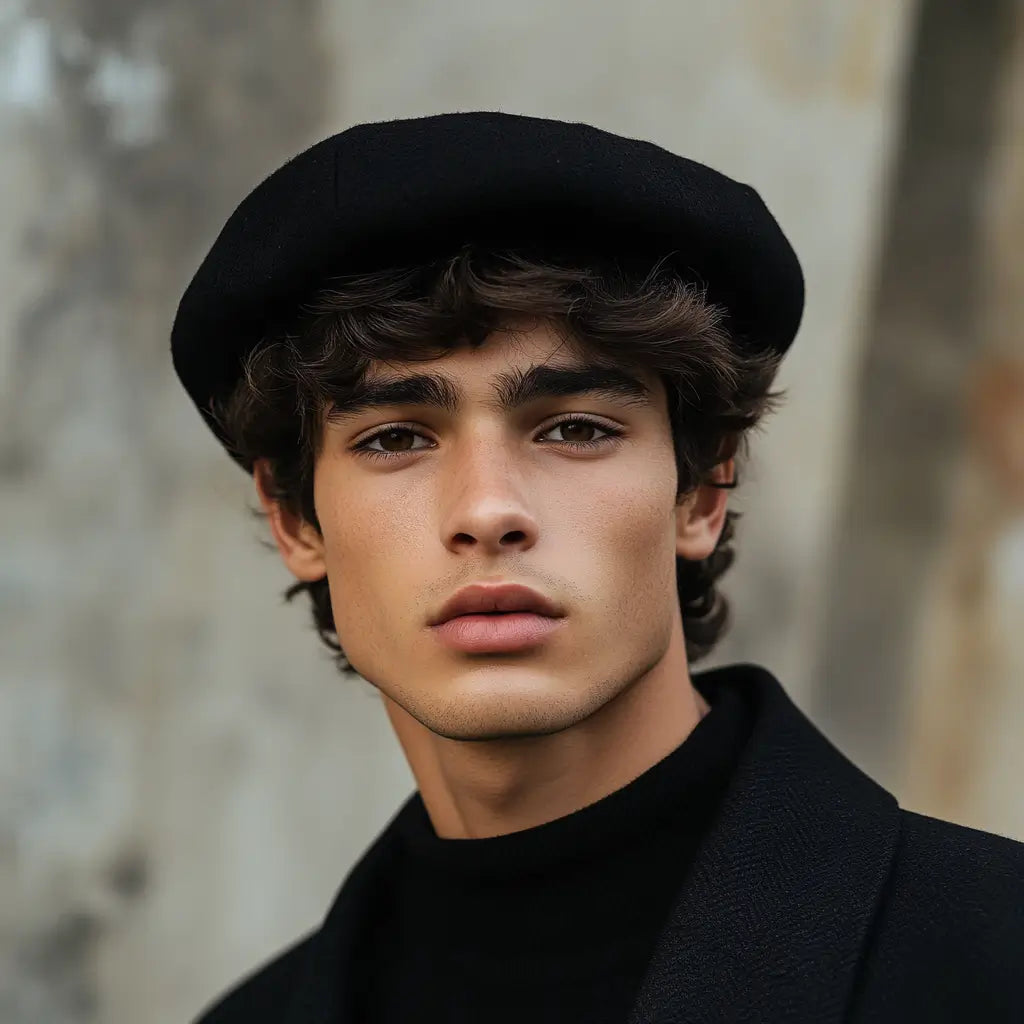 Black beret-wearing man showcasing style in Mens Beret collection.