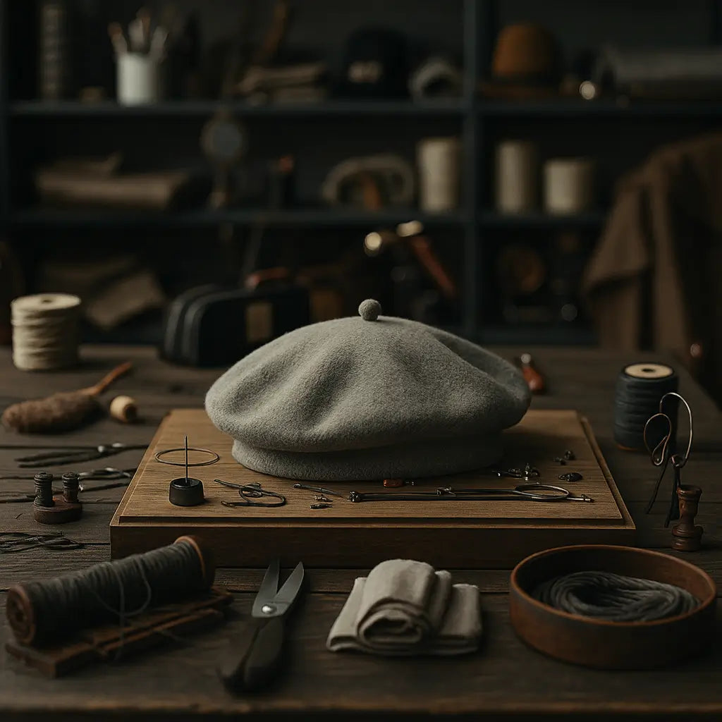 A premium grey wool beret displayed in a workshop setting with sewing tools, highlighting authentic French craftsmanship and timeless fashion style.