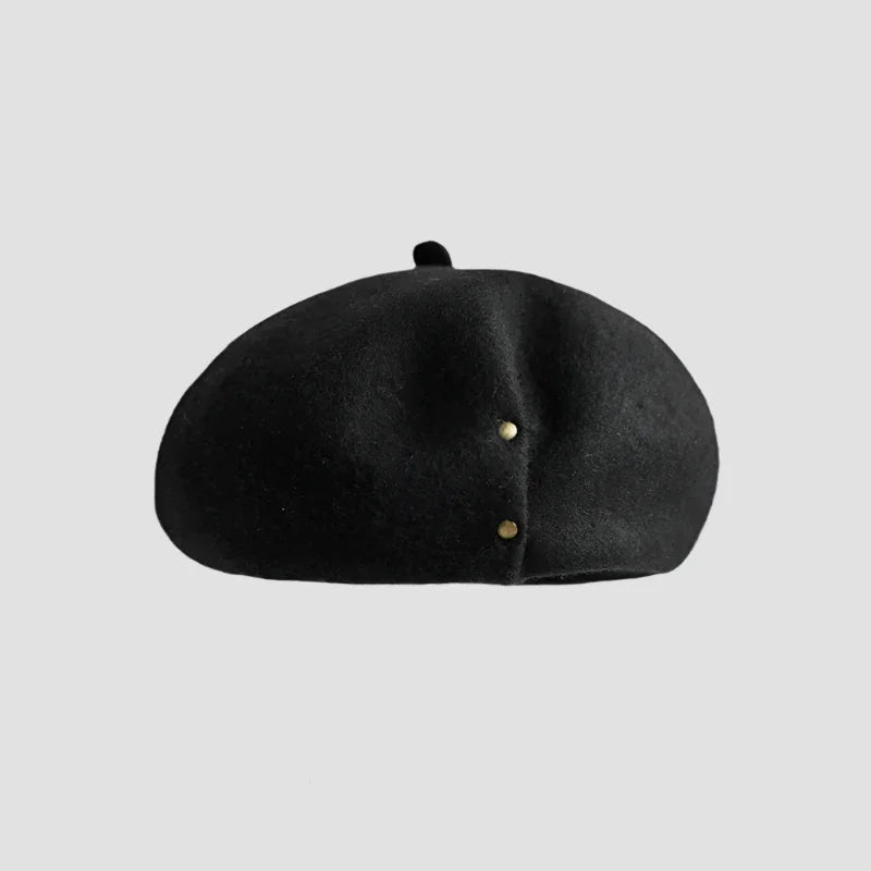 Black beret with two gold buttons.