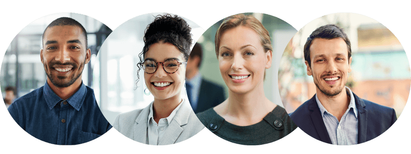 A collage of four diverse professionals—two men and two women—smiling confidently, each shown in circular frames with business-casual attire.