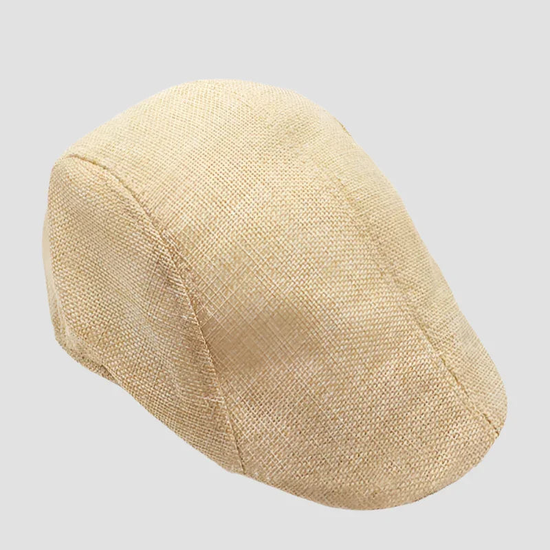 Beige linen flat cap.