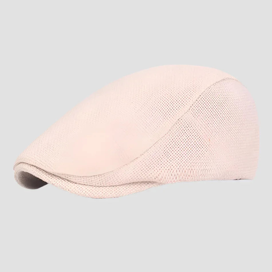 Beige flat cap.