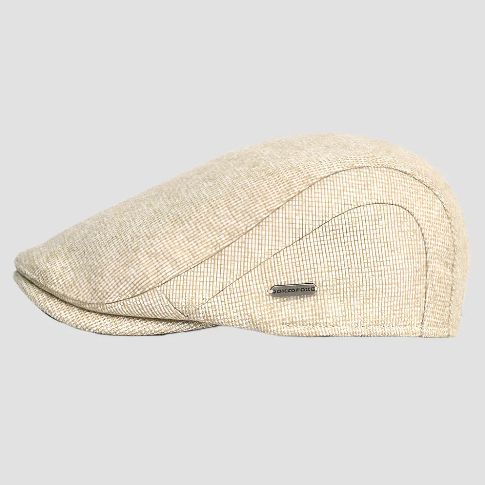 Beige flat cap.