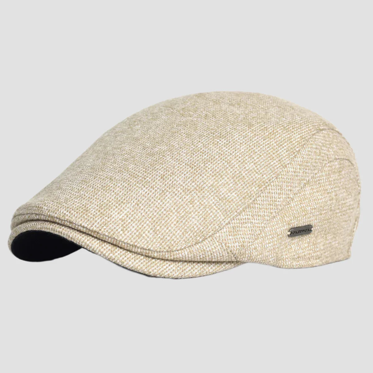 Beige flat cap.