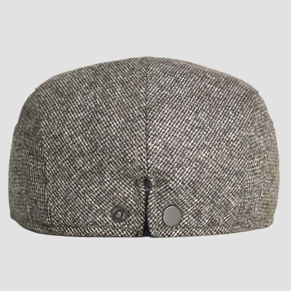 Tweed flat cap with adjustable back.