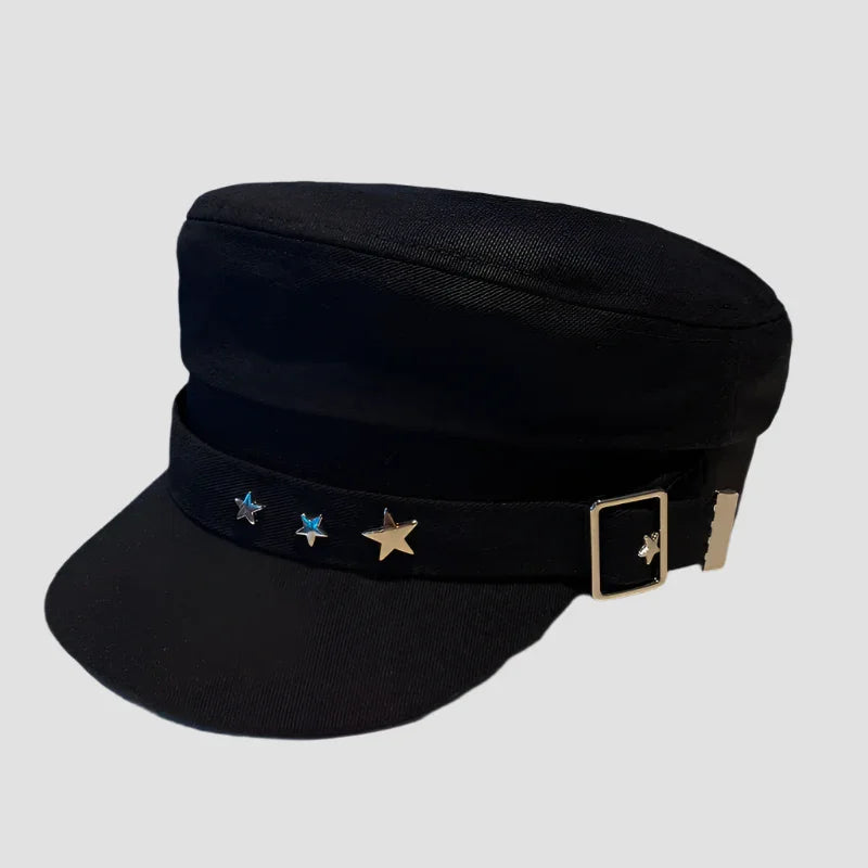 Black peaked cap with star embellishments.