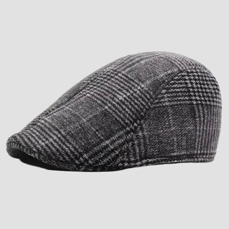 Gray plaid flat cap.