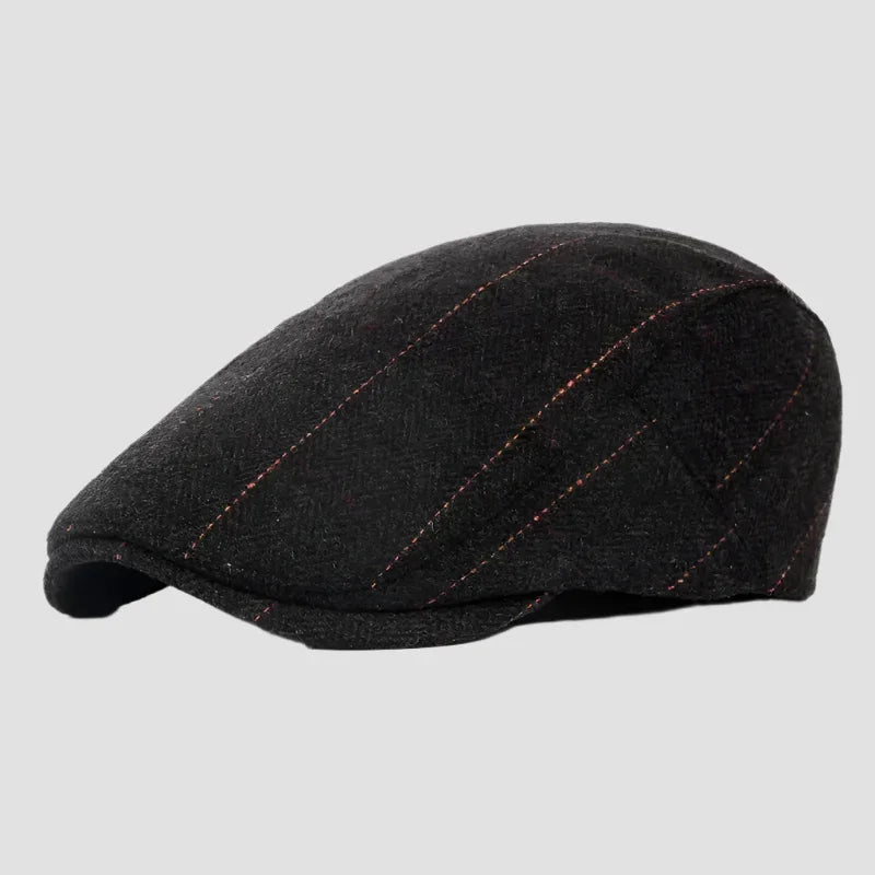 Black striped flat cap.