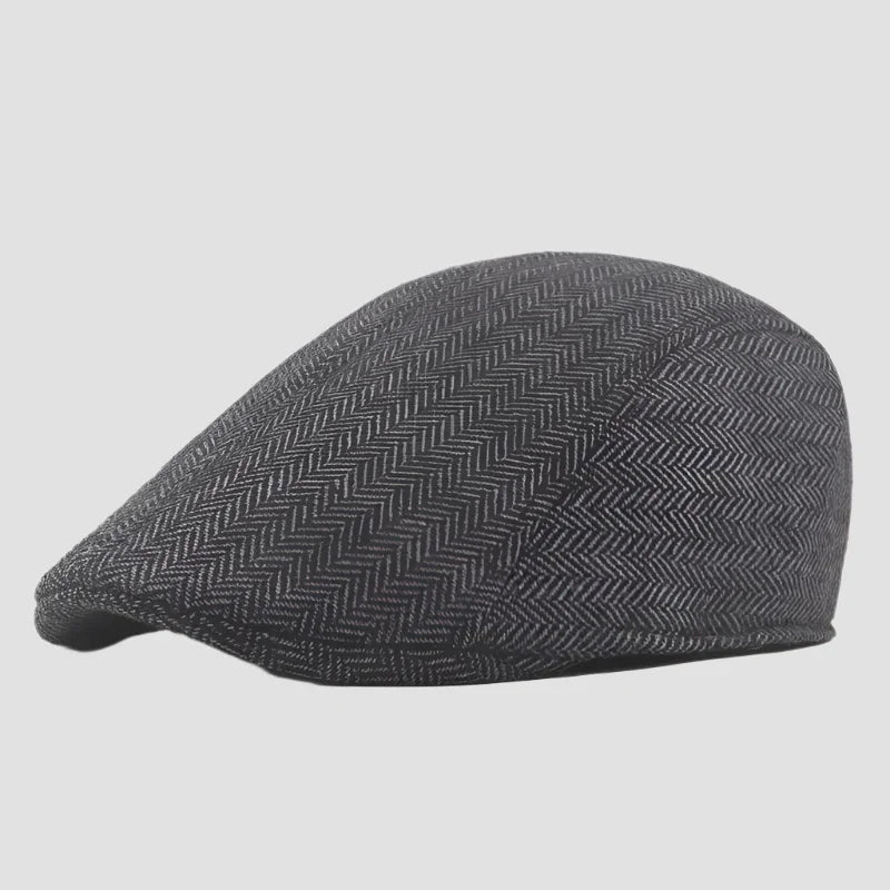 Gray herringbone flat cap.