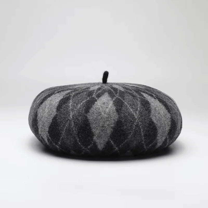 Gray and black patterned beret.