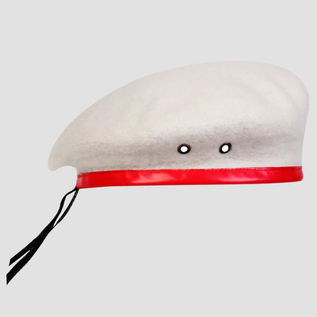 White graduation beret with red band.