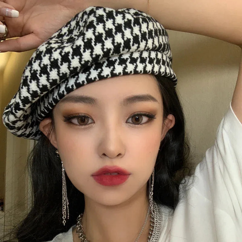 Houndstooth beret.