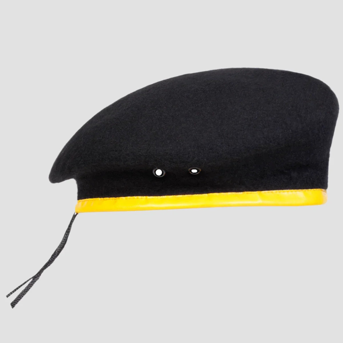 Black beret with yellow trim.