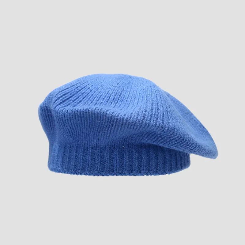 Blue knitted beret.