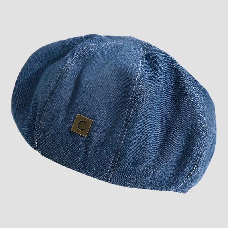 Blue denim newsboy cap.