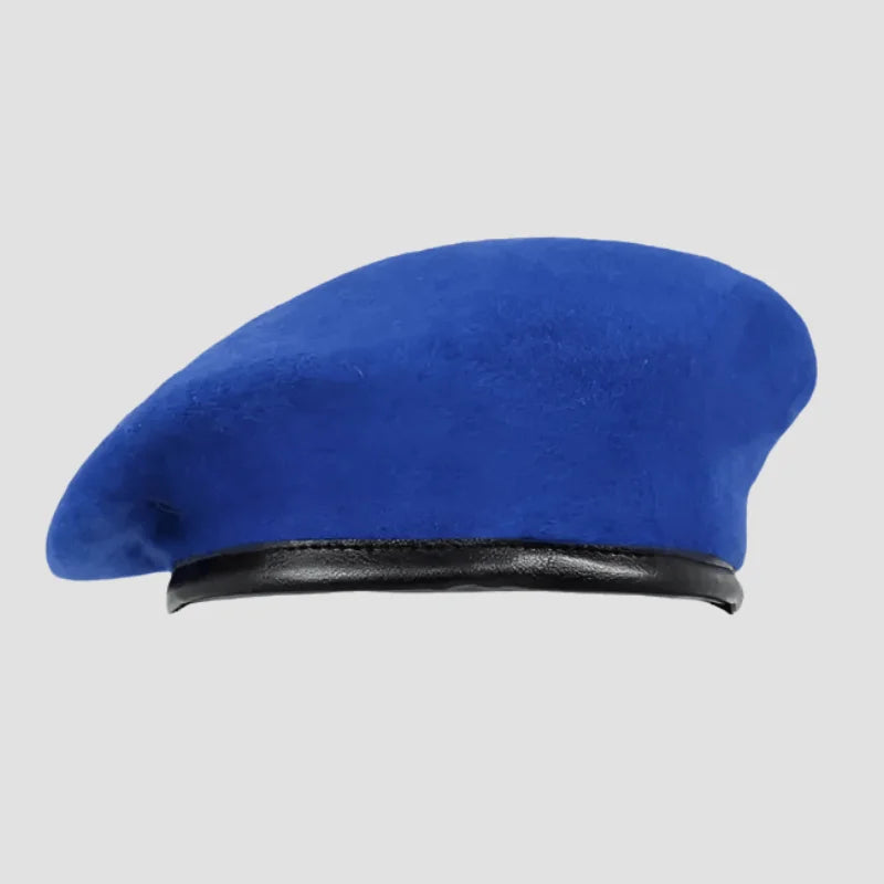 Blue wool beret with black leather band.