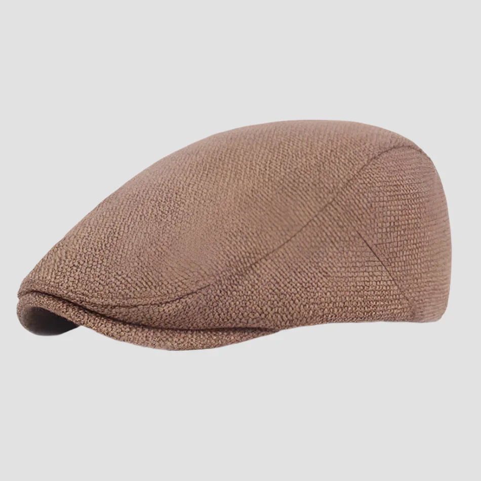 Brown tweed flat cap.