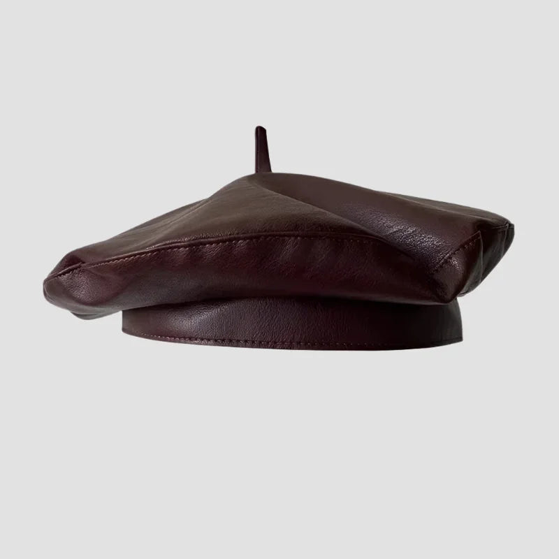 Burgundy leather beret.