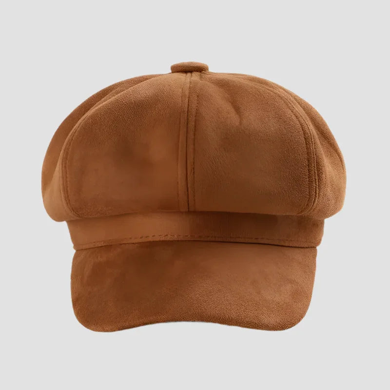 Brown suede baker boy hat.