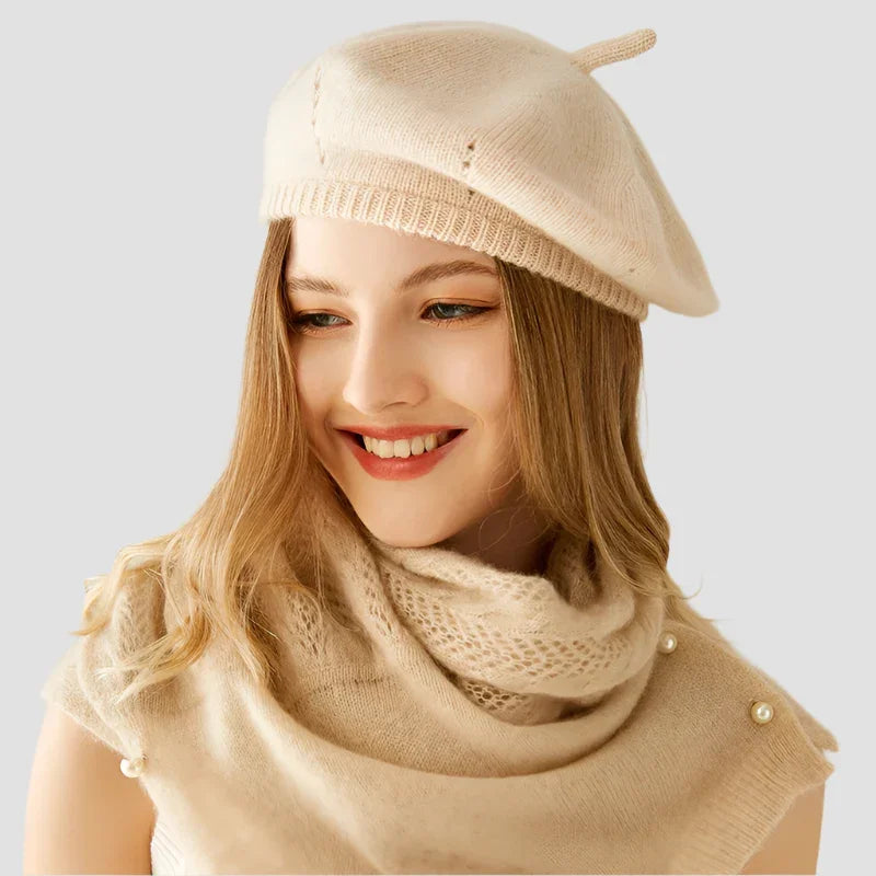 Beige knitted beret and scarf set.