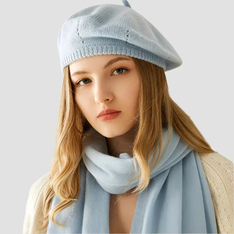Light blue knitted beret and scarf.