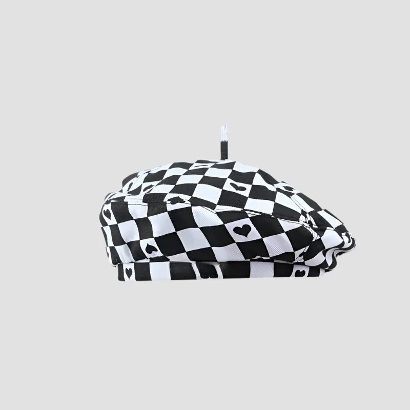 Checkerboard beret with hearts.
