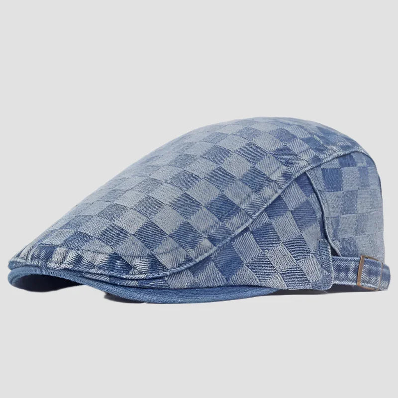 Blue checkered flat cap.