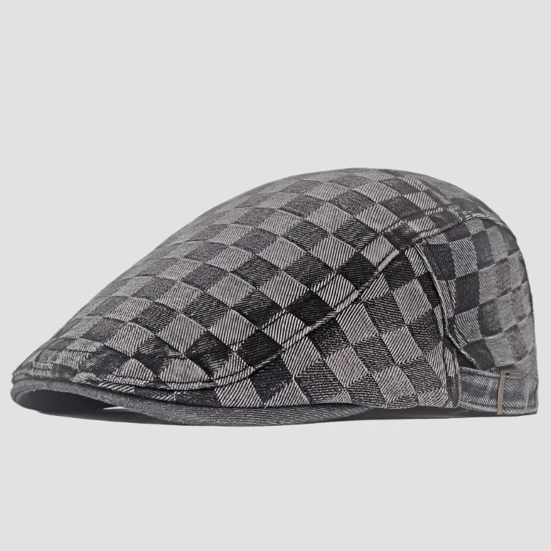 Gray checkered flat cap.