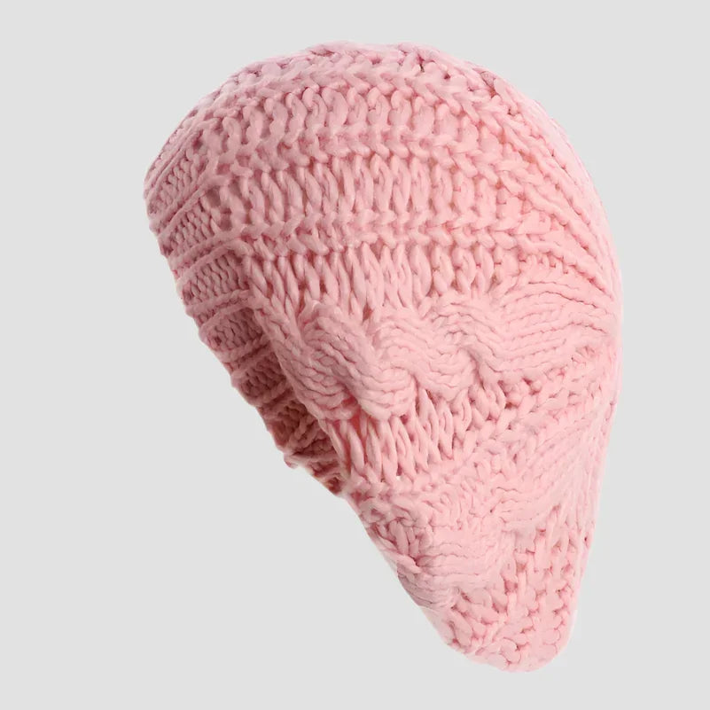 Pink knitted beret.