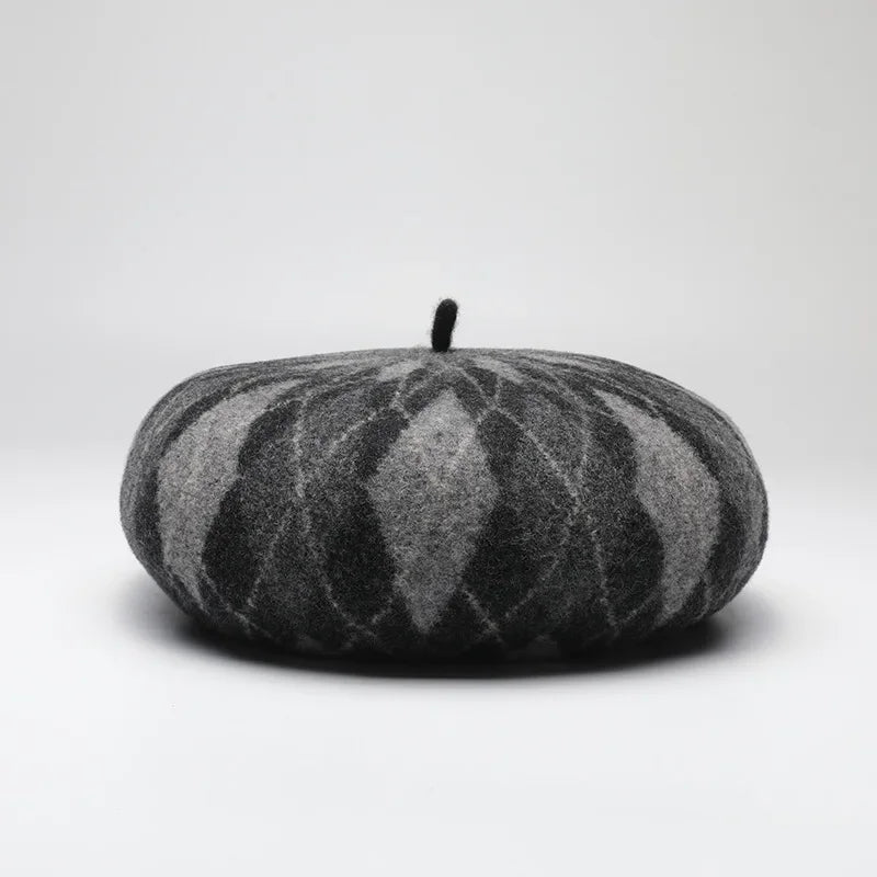 Gray and black argyle beret.