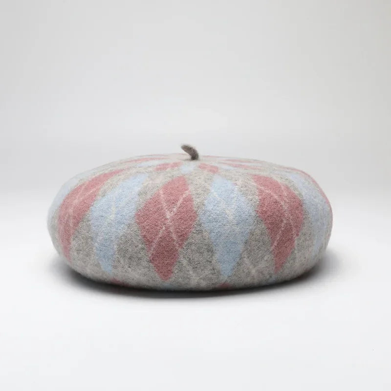 Pink and blue argyle beret.