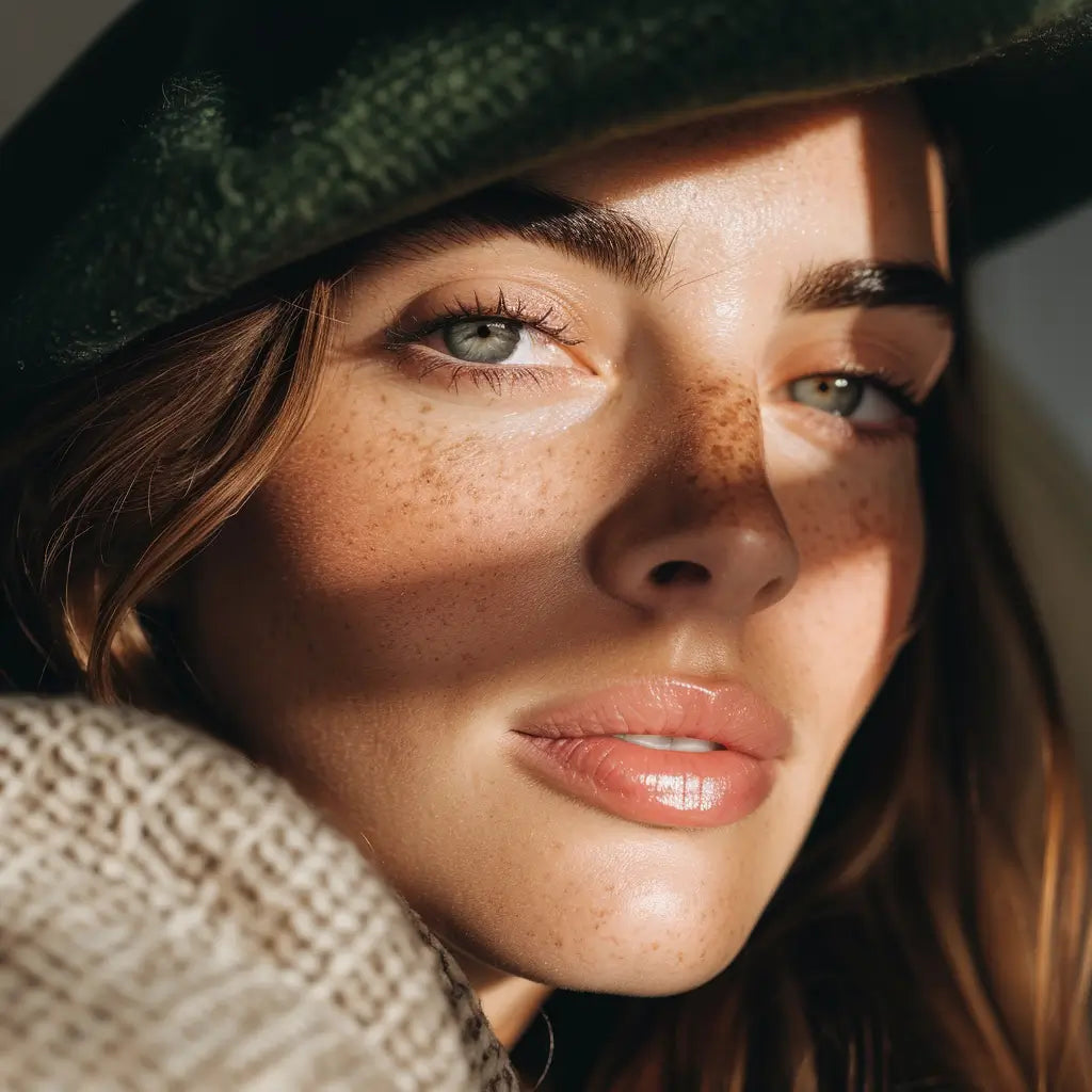 Close-up portrait of a young woman with glowing skin, natural freckles, and soft makeup, wearing a green hat with sunlight casting shadows on her face.