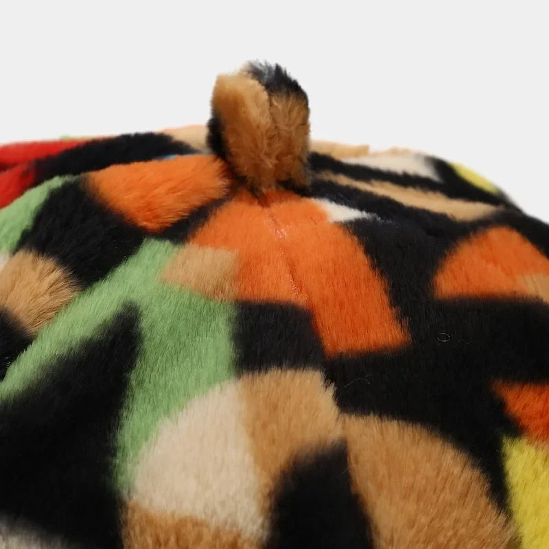 Colorful faux fur beret with pompom.
