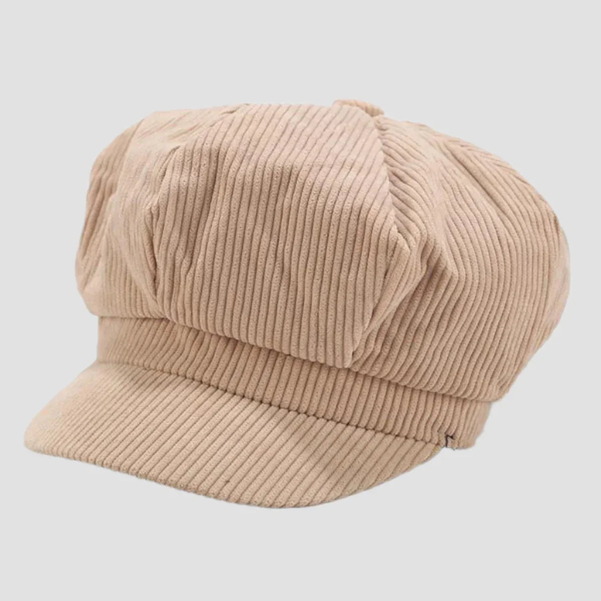 Beige corduroy newsboy cap.