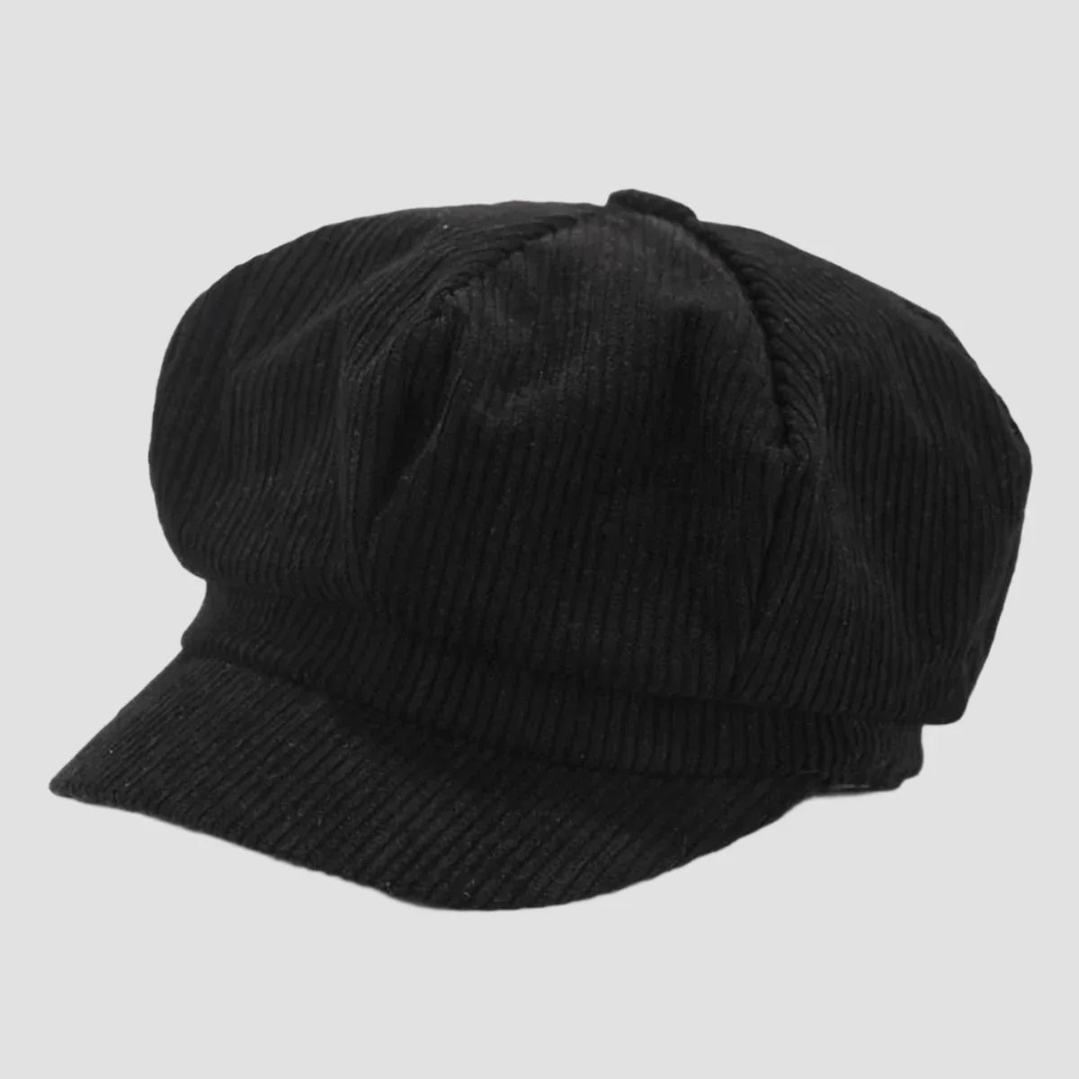 Black corduroy newsboy cap.