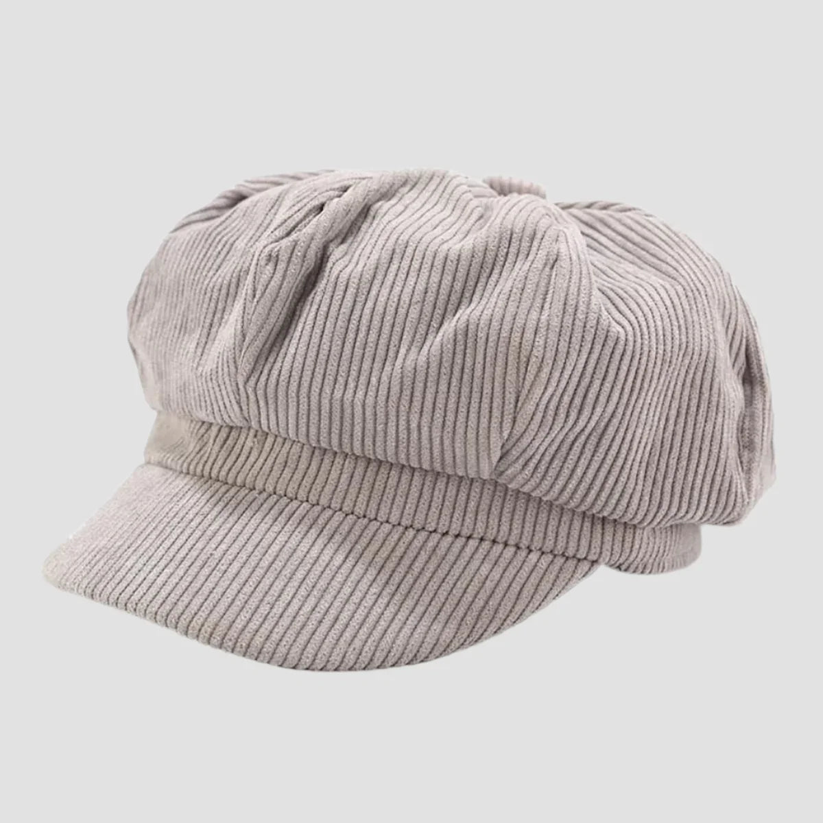 Gray corduroy newsboy cap.