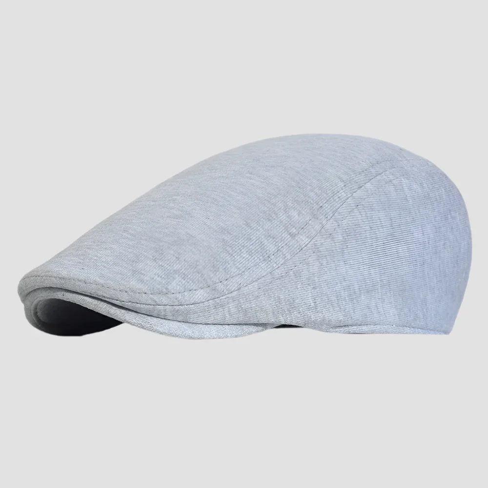 Light gray flat cap.