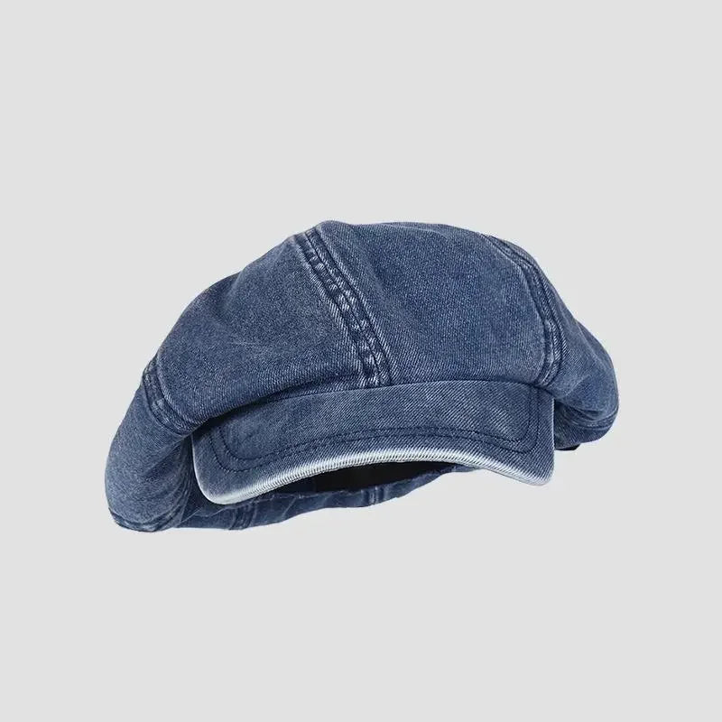 Denim newsboy cap.