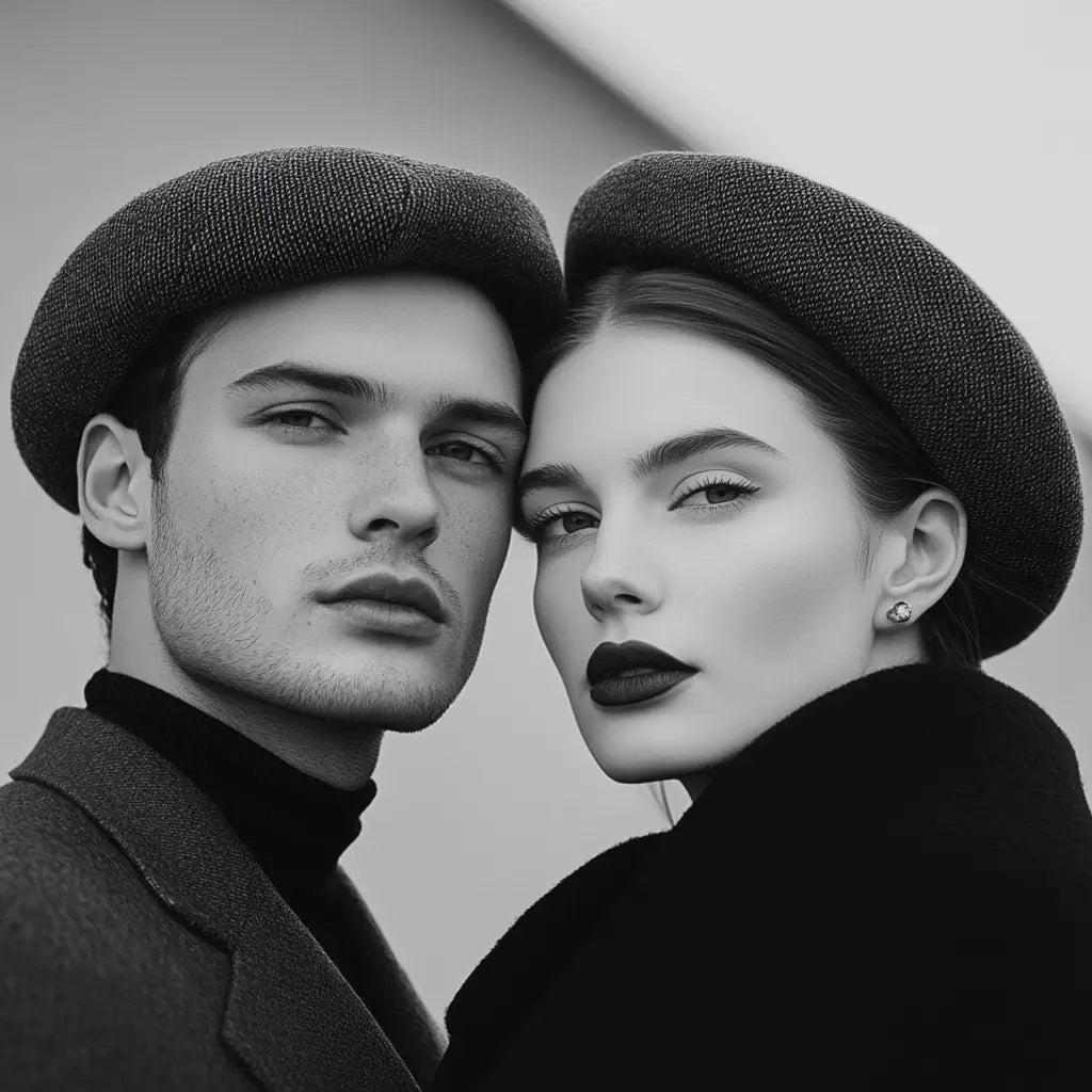 A striking black and white portrait of a fashionable man and woman wearing textured berets, posed closely together with intense expressions, showcasing classic elegance and timeless style.