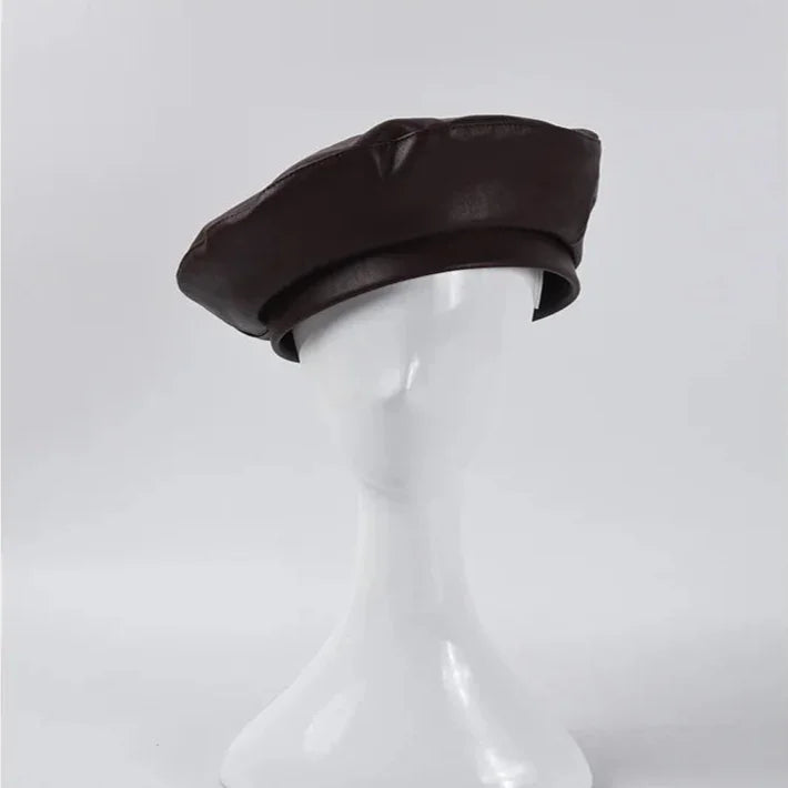 Brown leather beret.