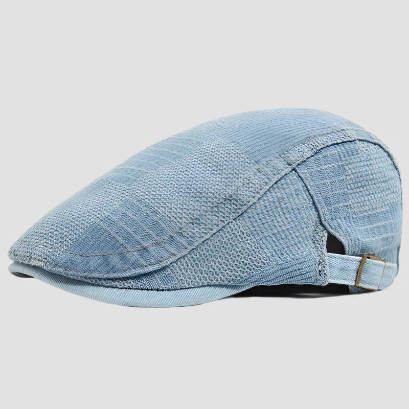 Light blue newsboy cap.