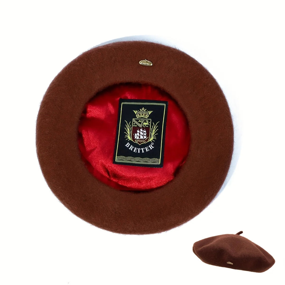 Chocolate brown Lined Beret, top view with red satin lining and Breiter crest label