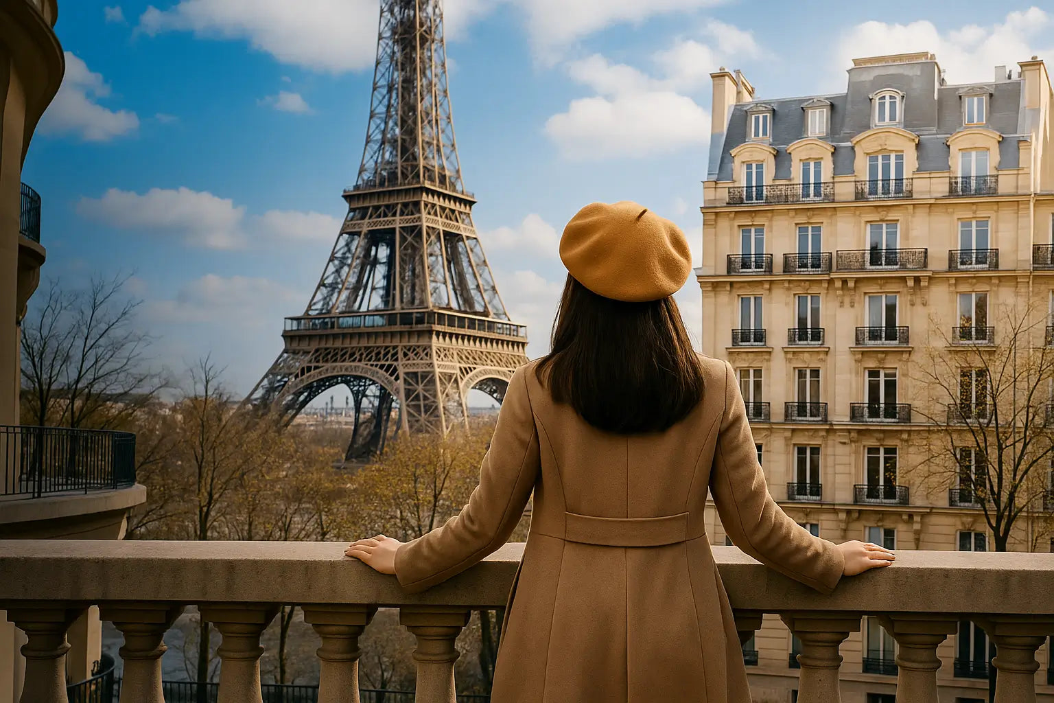 Elegant woman wearing a Wool French beret overlooking the Eiffel Tower in Paris, capturing timeless Parisian fashion