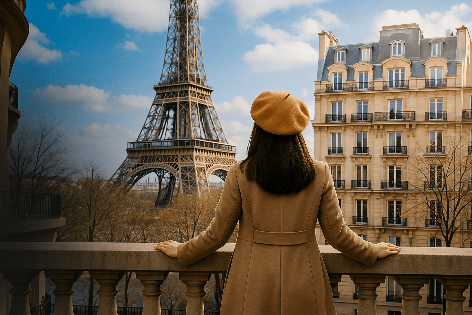 Elegant woman wearing a Wool French beret overlooking the Eiffel Tower in Paris, capturing timeless Parisian fashion